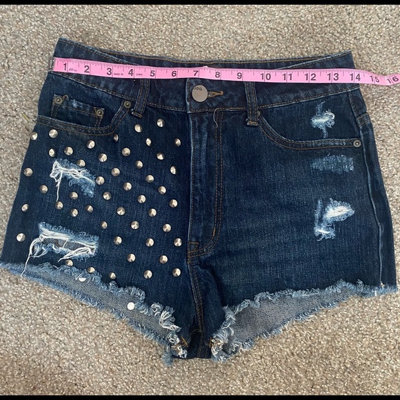 BDG Studded High-Waisted Dark Wash Cheeky Shorts - Picture 2 of 4